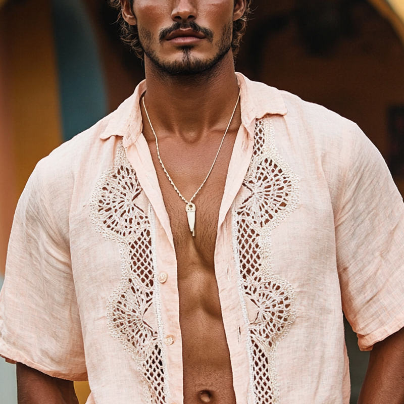 Men's Ethnic Style Lace Stitching Lapel Short Sleeve Cotton And Linen Shirt MTA1594D9Z