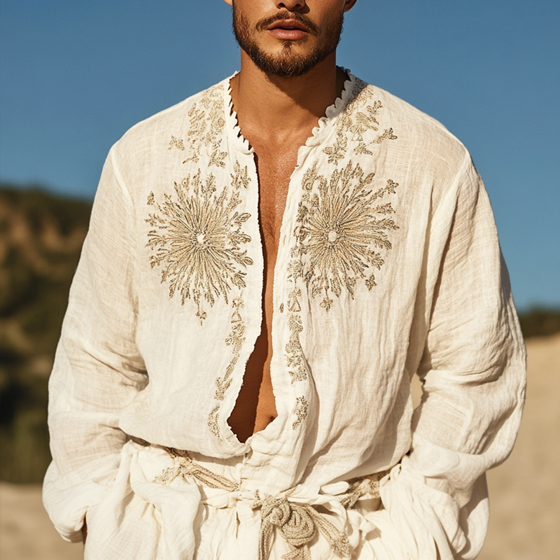 Men's Ethnic Style Embroidered Long Sleeve Single Breasted Shirt MTA1519D7Z