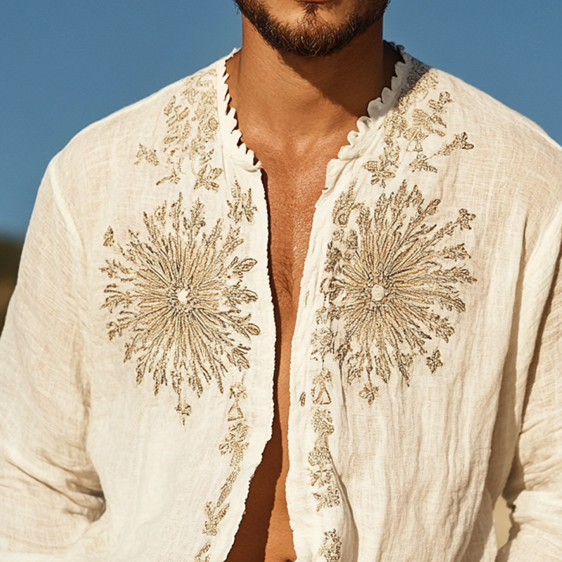 Men's Ethnic Style Embroidered Long Sleeve Single Breasted Shirt MTA1519D7Z