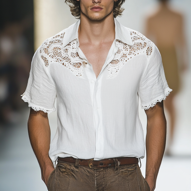 Men's Ethnic Style Lace Stitching Lapel Short Sleeve Shirt MTA1549D4Z