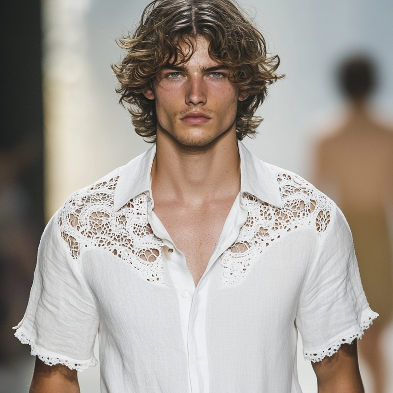 Men's Ethnic Style Lace Stitching Lapel Short Sleeve Shirt MTA1549D4Z