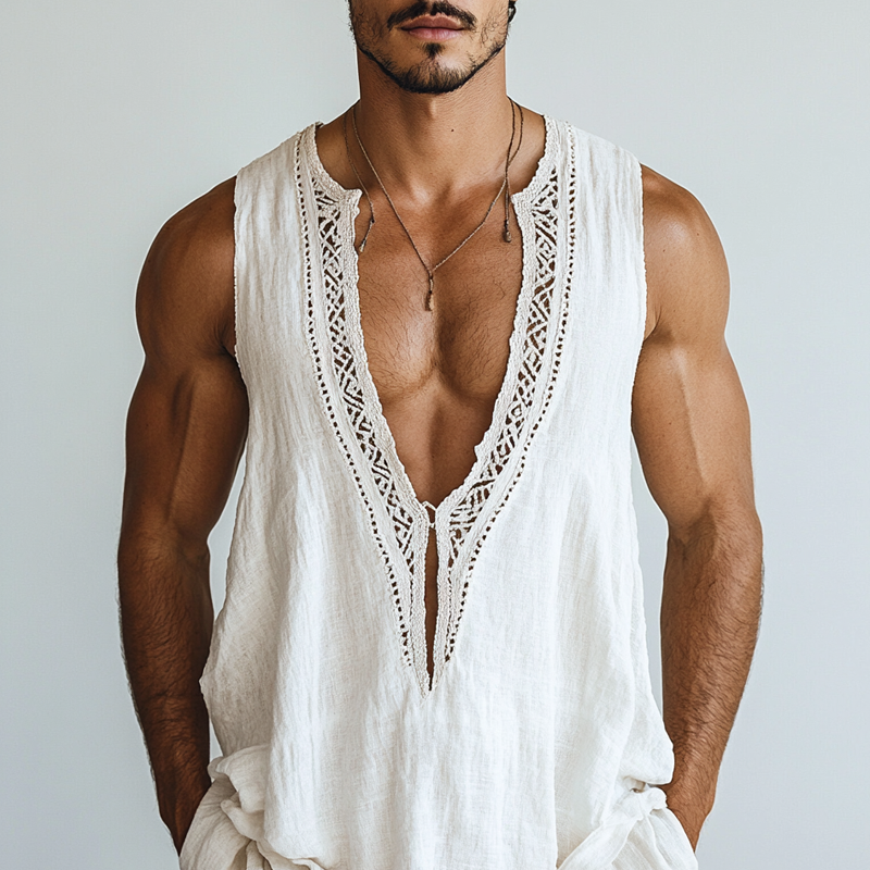 Men's Ethnic Style Hollow Lace Stitching Sleeveless Cotton And Linen Tank Top MTA1521D6Z