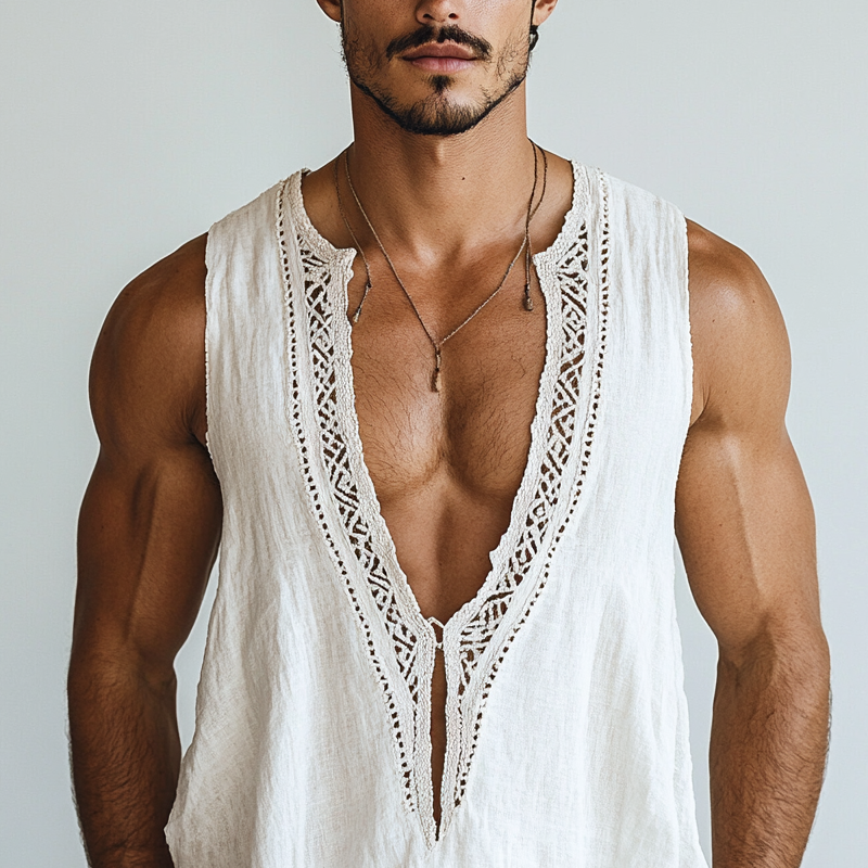 Men's Ethnic Style Hollow Lace Stitching Sleeveless Cotton And Linen Tank Top MTA1521D6Z