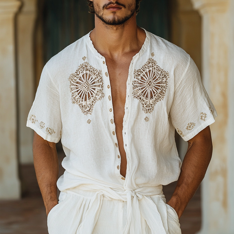 Men's Ethnic Style Hollow Stitching Short Sleeve Single Breasted Shirt MTA1532D4Z