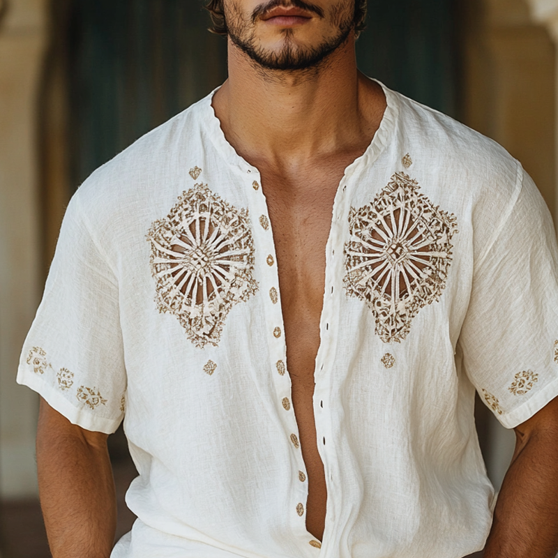 Men's Ethnic Style Hollow Stitching Short Sleeve Single Breasted Shirt MTA1532D4Z