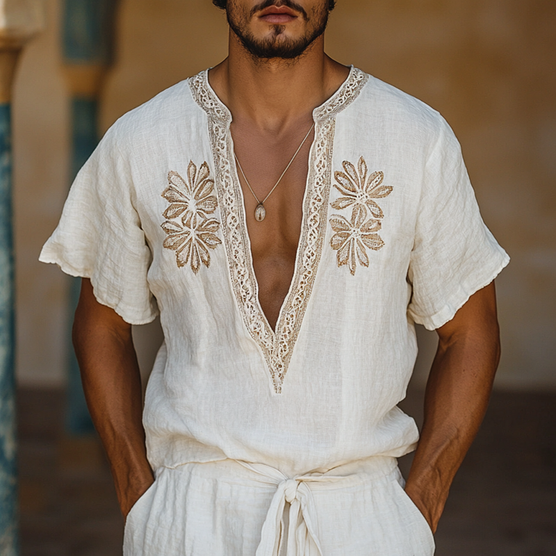 Men's Ethnic Style Embroidered V Neck Short Sleeve Cotton And Linen Shirt MTA1555D0Z