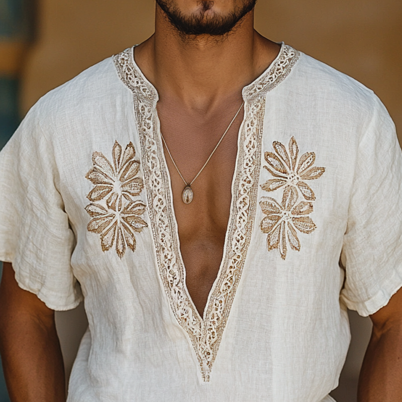 Men's Ethnic Style Embroidered V Neck Short Sleeve Cotton And Linen Shirt MTA1555D0Z