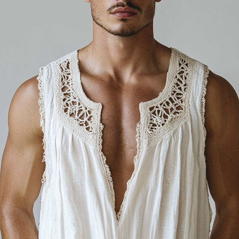 Men's Ethnic Style Hollow Lace Stitching Sleeveless Cotton And Linen Tank Top MTA1504D7Z