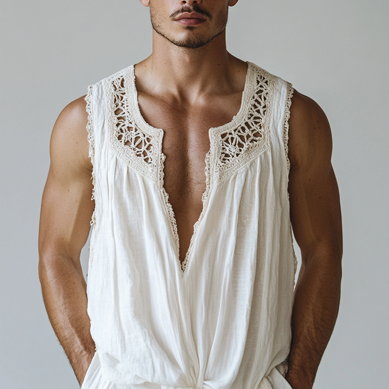 Men's Ethnic Style Hollow Lace Stitching Sleeveless Cotton And Linen Tank Top MTA1504D7Z