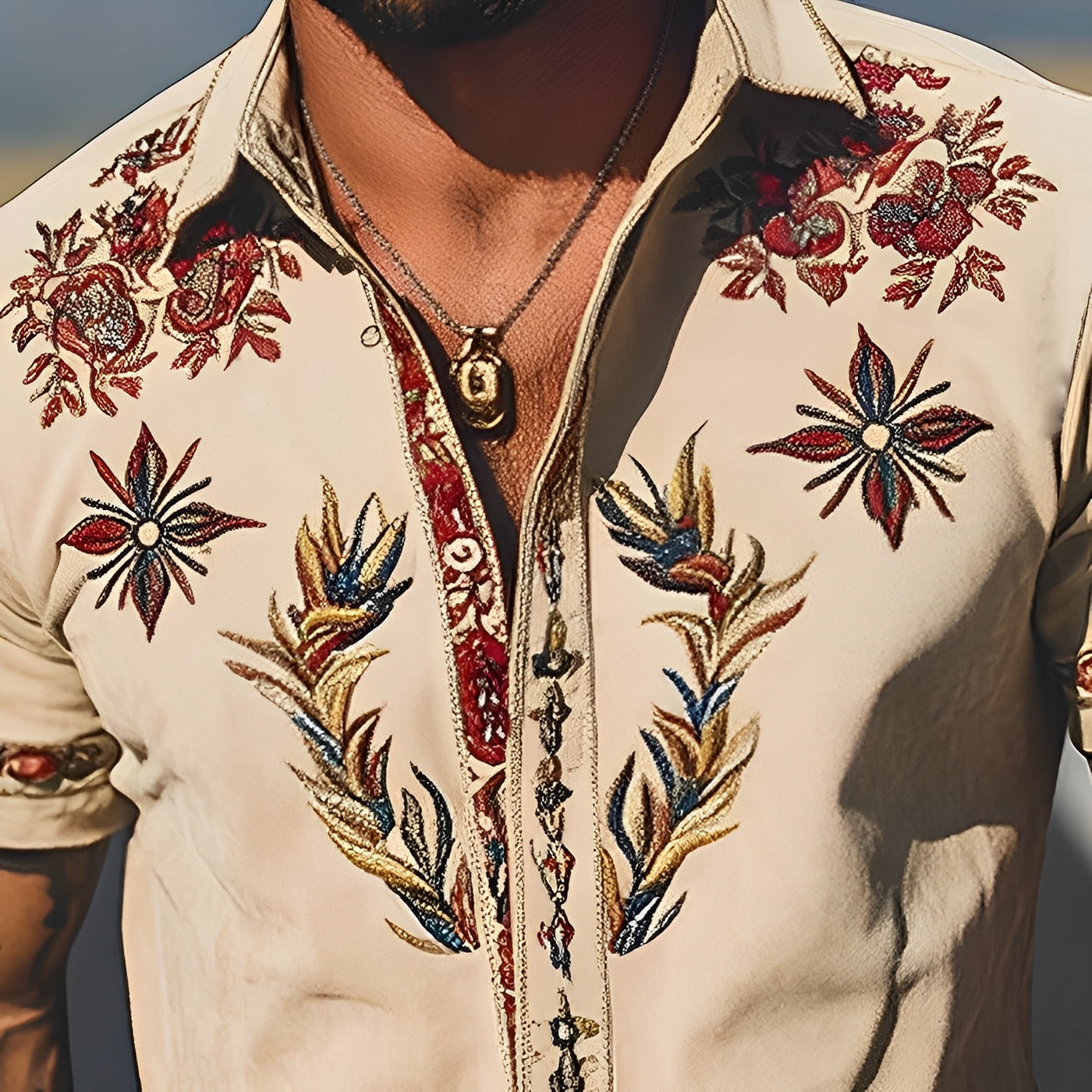 Vår-/sommermote for menn i retro westernstil semsket brodert kortermet skjorte MTA1533D2K