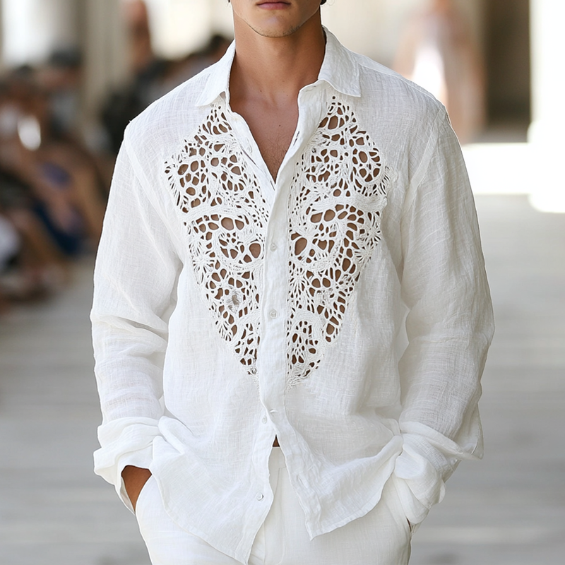 Men's Hollow Lace Stitching Lapel Long Sleeve Cotton And Linen Shirt MTA1512D3Z