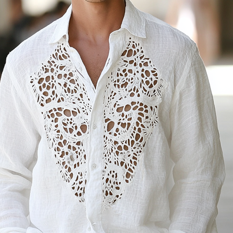 Men's Hollow Lace Stitching Lapel Long Sleeve Cotton And Linen Shirt MTA1512D3Z