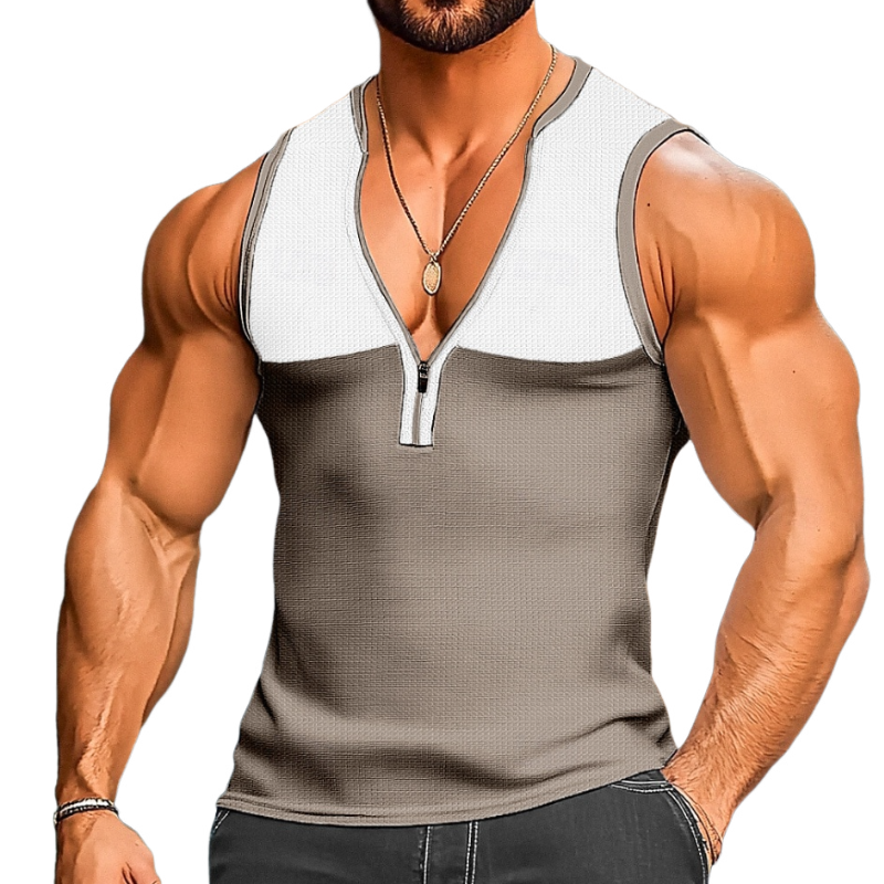 Men's Casual Cotton Waffle Colorblock Patchwork Zipper V-Neck Slim Fit Tank Top MTA1514D3M