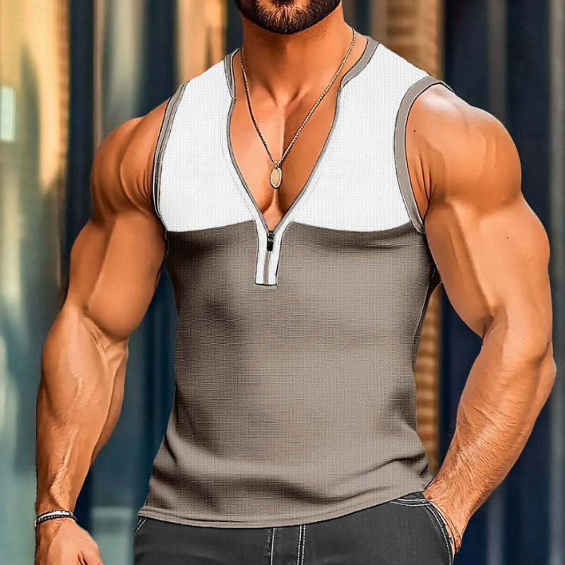 Men's Casual Cotton Waffle Colorblock Patchwork Zipper V-Neck Slim Fit Tank Top MTA1514D3M