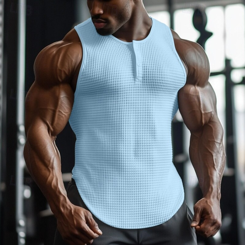 Men's Casual Premium Cotton Waffle Henley Neck Slim Fit Tank Top MTA1544D3M
