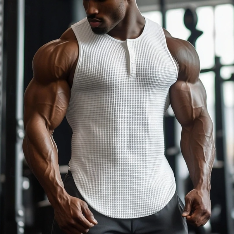Men's Casual Premium Cotton Waffle Henley Neck Slim Fit Tank Top MTA1544D3M