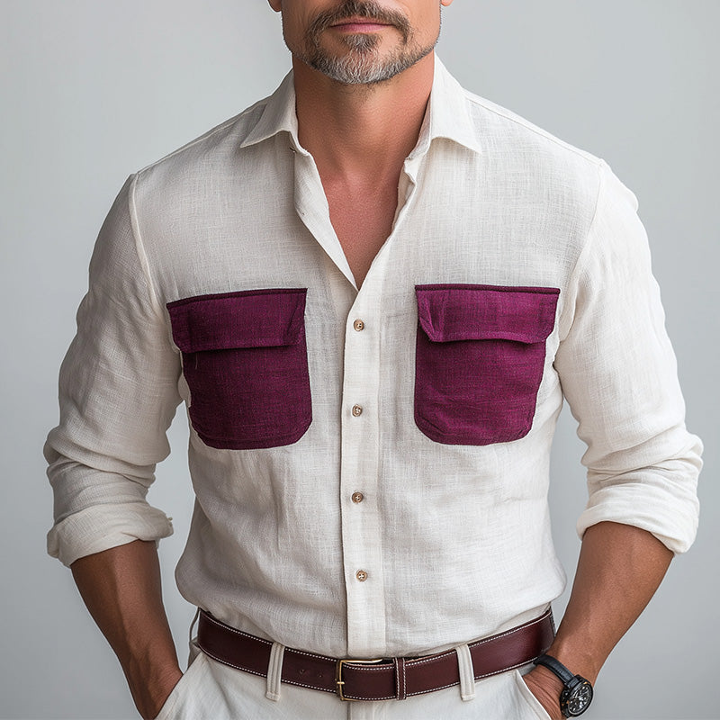 Men's Summer Fashion Contrast Color Patchwork Long Sleeve Shirt MTA1530D0P