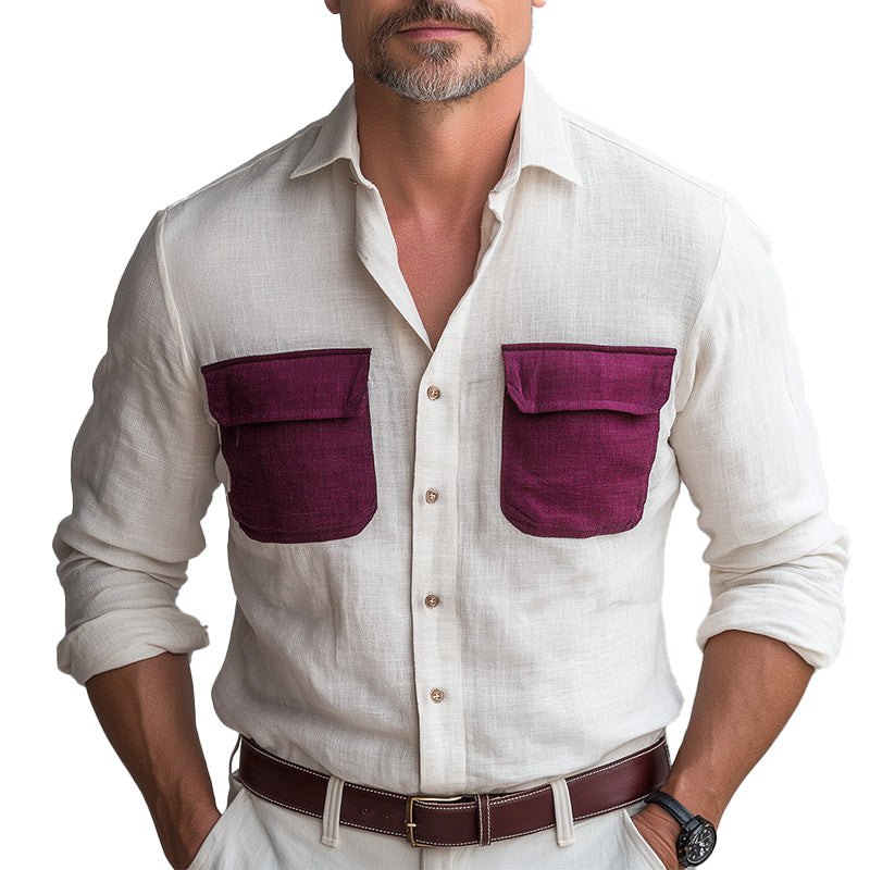 Men's Summer Fashion Contrast Color Patchwork Long Sleeve Shirt MTA1530D0P