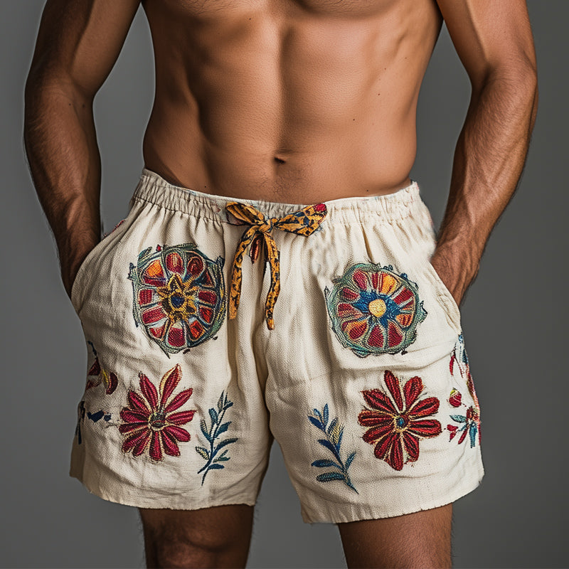 Men's Summer Retro Embroidered Cotton and Linen Elastic Lace-up Shorts MTA1540D5U