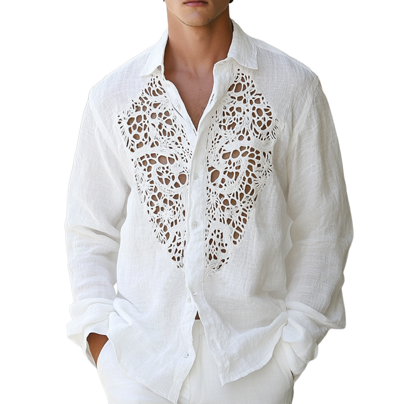 Men's Hollow Lace Stitching Lapel Long Sleeve Cotton And Linen Shirt MTA1512D3Z