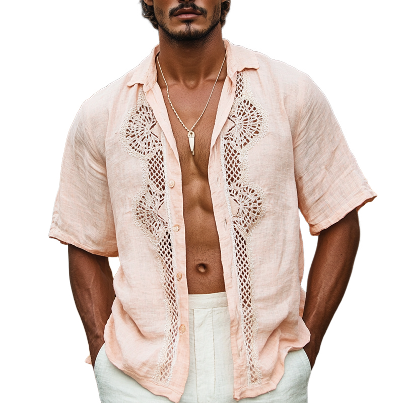 Men's Ethnic Style Lace Stitching Lapel Short Sleeve Cotton And Linen Shirt MTA1594D9Z