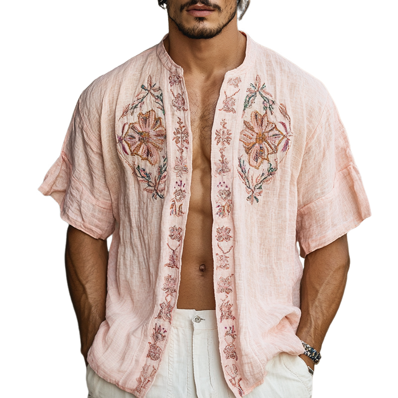 Men's Ethnic Style Embroidered Round Neck Short Sleeve Cotton And Linen Cardigan Shirt MTA1585D3Z