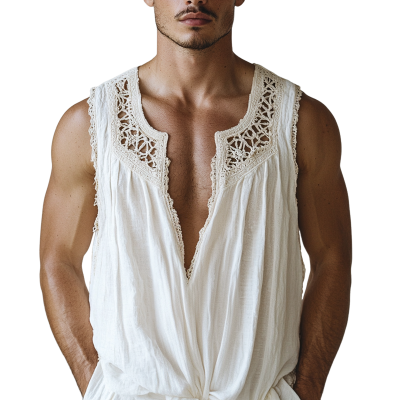 Men's Ethnic Style Hollow Lace Stitching Sleeveless Cotton And Linen Tank Top MTA1504D7Z