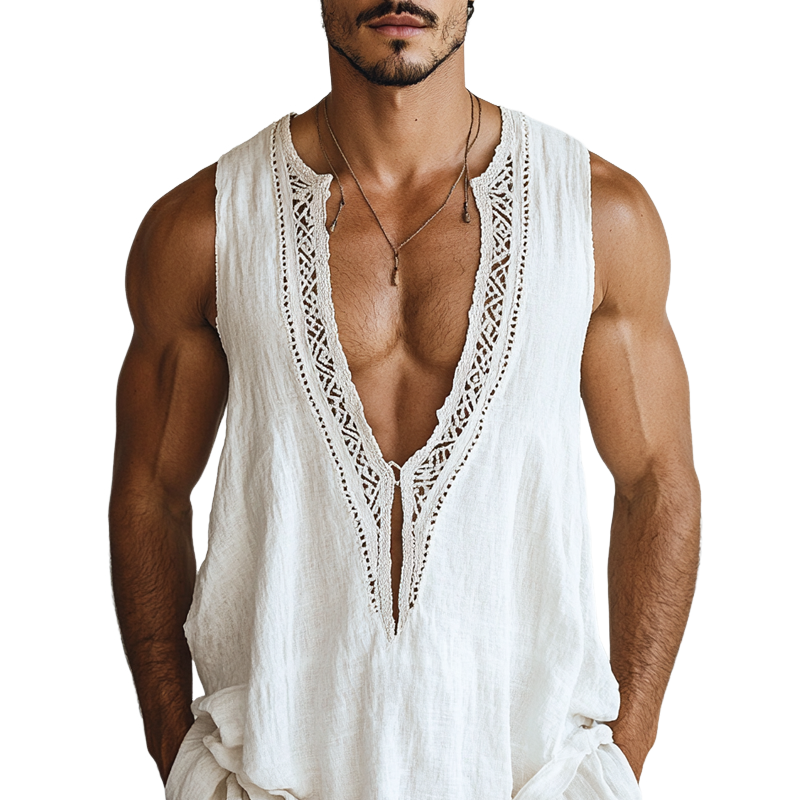 Men's Ethnic Style Hollow Lace Stitching Sleeveless Cotton And Linen Tank Top MTA1521D6Z