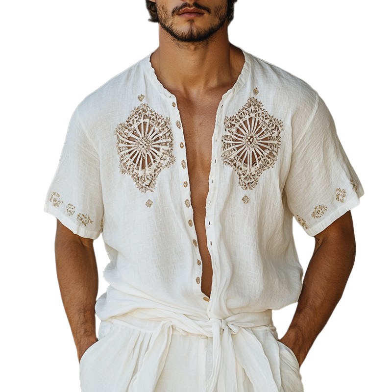 Men's Ethnic Style Hollow Stitching Short Sleeve Single Breasted Shirt MTA1532D4Z
