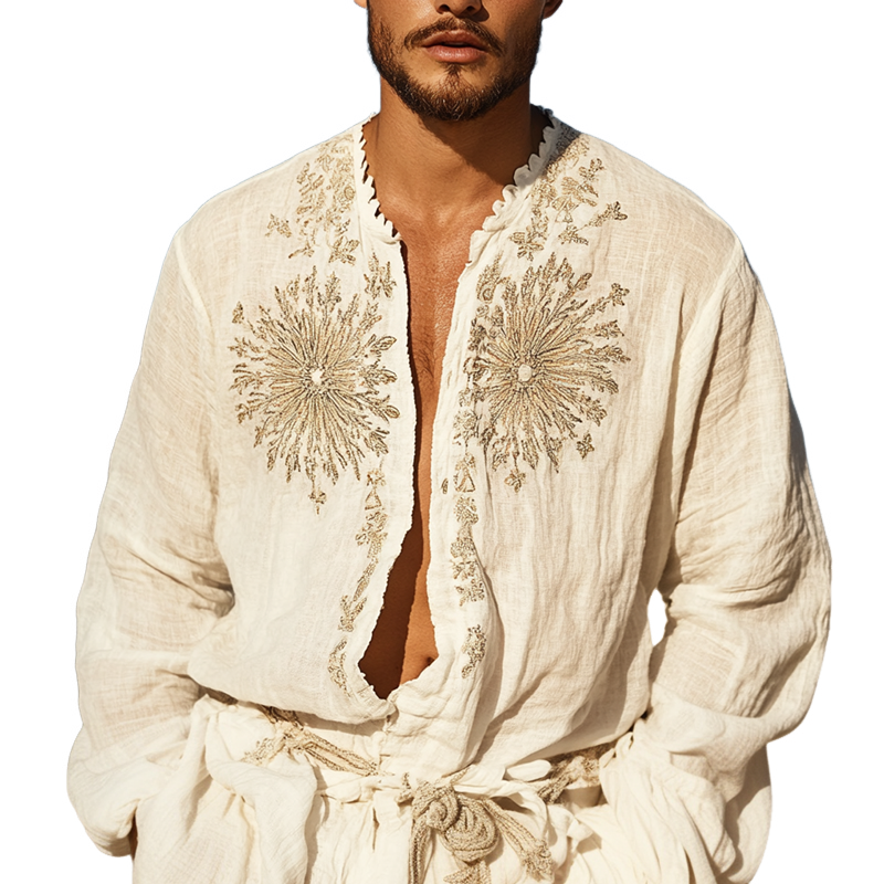 Men's Ethnic Style Embroidered Long Sleeve Single Breasted Shirt MTA1519D7Z