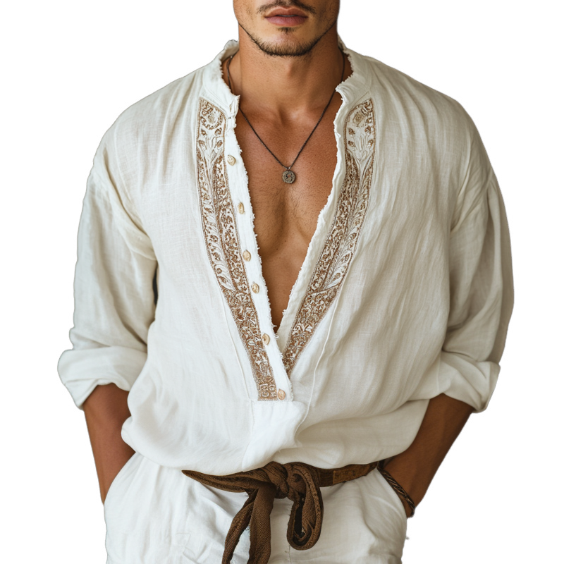 Men's Ethnic Style Embroidered V Neck Long Sleeve Cotton And Linen Shirt MTA1571D8Z