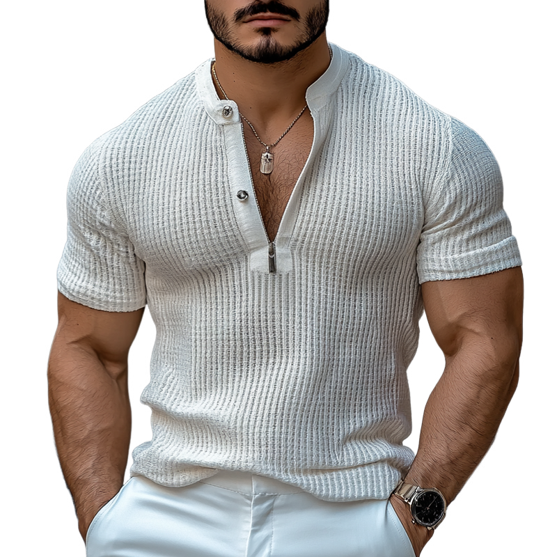 Men's Solid Knit Zipper Half Collar Short Sleeve T-shirt MTA1470D7Z