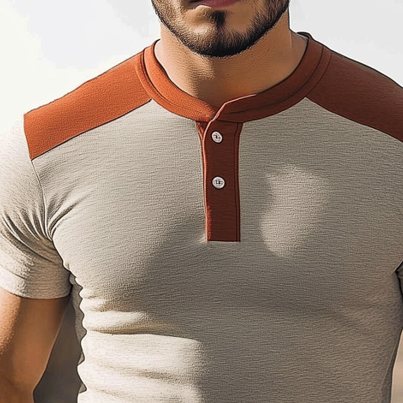 Men's Summer Business Henley Collar Colorblock Slim Fit T-Shirt MTA1631D8U