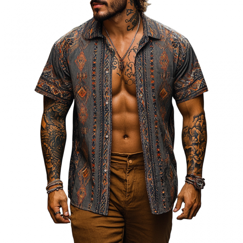 Men's Retro Bohemian Print Lapel Loose Short Sleeve Shirt MTA1531D4M