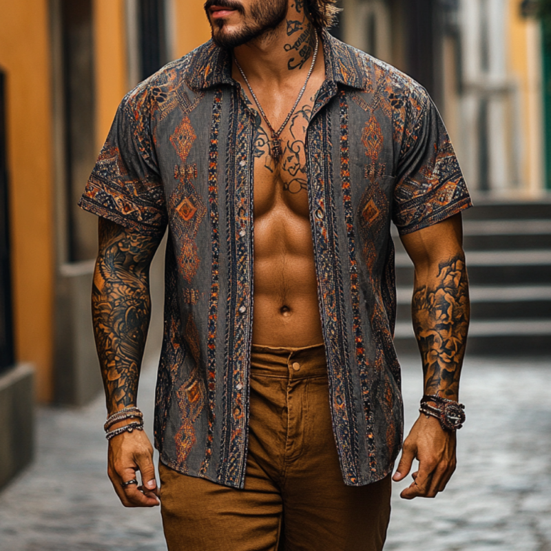 Men's Retro Bohemian Print Lapel Loose Short Sleeve Shirt MTA1531D4M