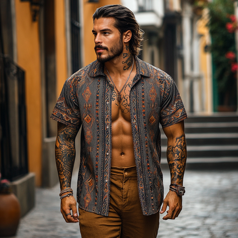 Men's Retro Bohemian Print Lapel Loose Short Sleeve Shirt MTA1531D4M