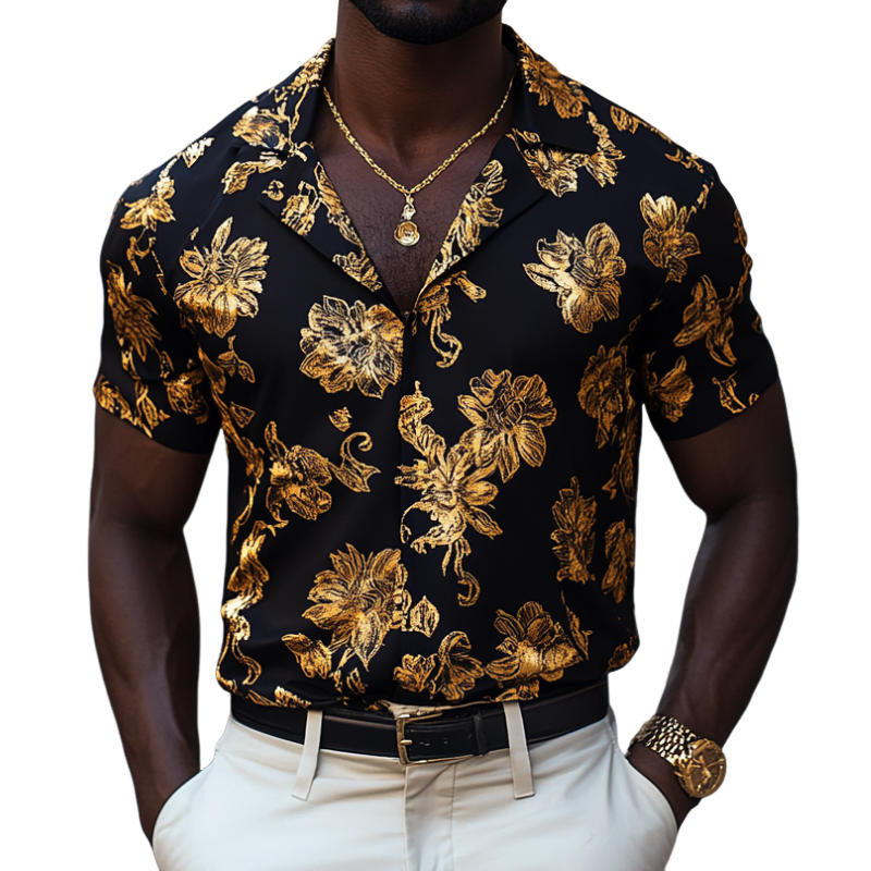Men's Retro Gold Print Cuban Collar Slim Fit Short Sleeve Shirt MTA1556D7M