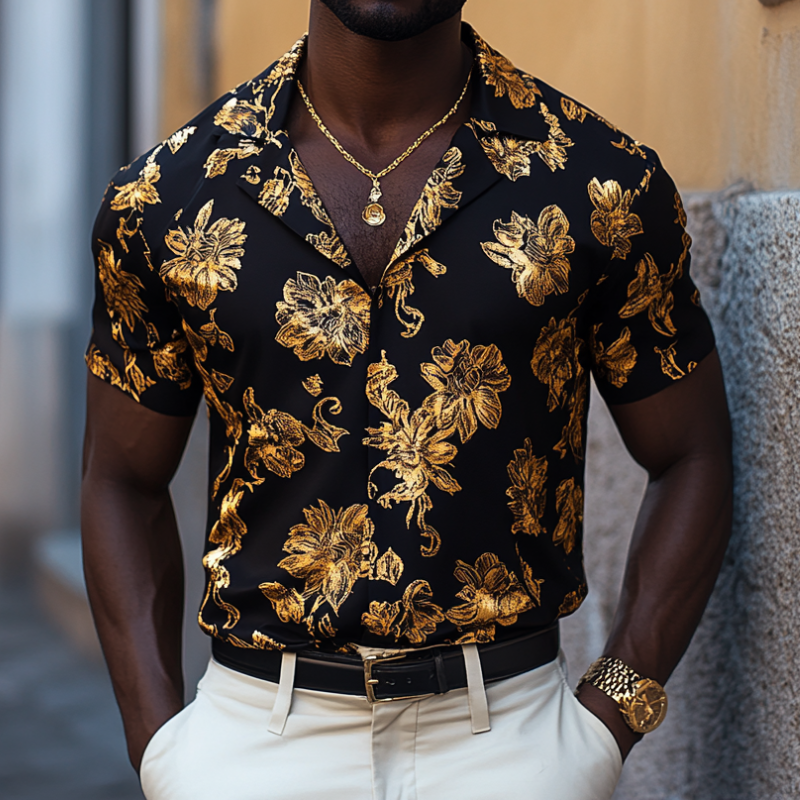 Men's Retro Gold Print Cuban Collar Slim Fit Short Sleeve Shirt MTA1556D7M
