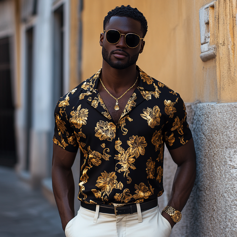 Men's Retro Gold Print Cuban Collar Slim Fit Short Sleeve Shirt MTA1556D7M
