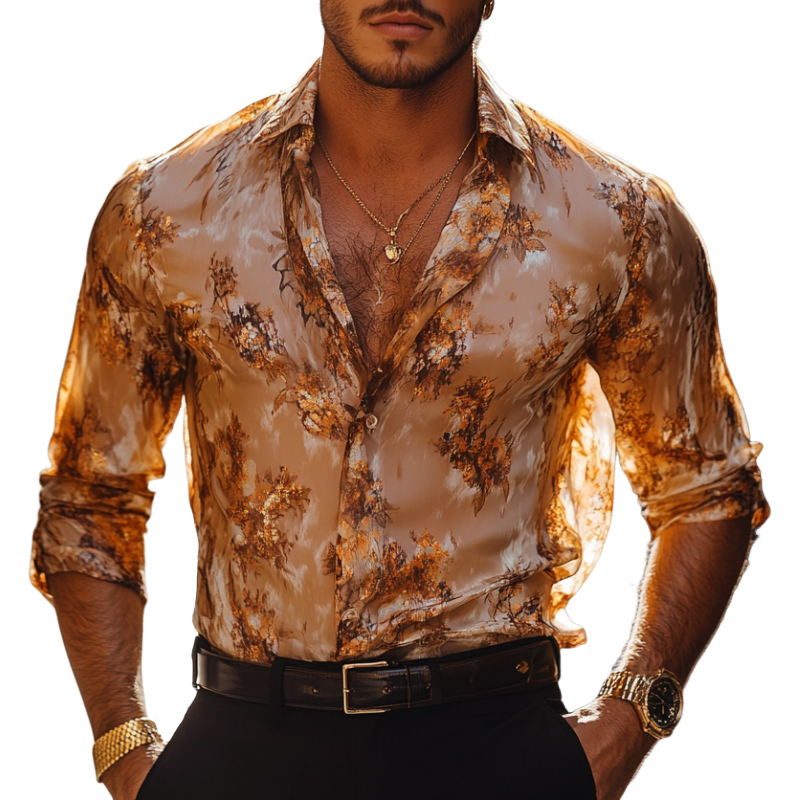 Men's Vintage Floral Print Chiffon Lapel Slim Fit Long Sleeve Shirt MTA1542D8M