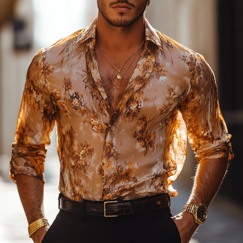 Men's Vintage Floral Print Chiffon Lapel Slim Fit Long Sleeve Shirt MTA1542D8M