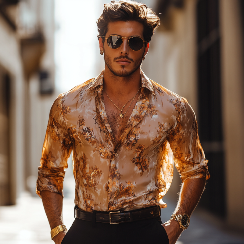 Men's Vintage Floral Print Chiffon Lapel Slim Fit Long Sleeve Shirt MTA1542D8M