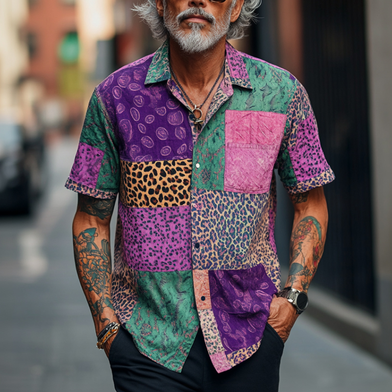 Men's Retro Contrast Graphic Print Lapel Loose Short Sleeve Shirt MTA1586D5M