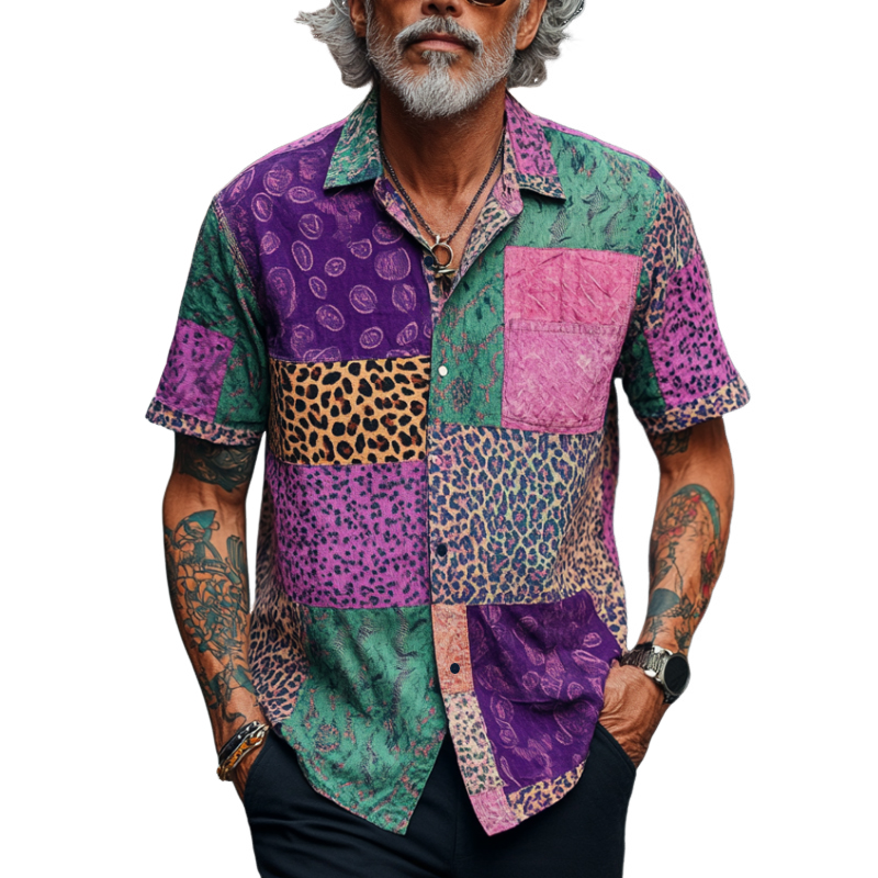 Men's Retro Contrast Graphic Print Lapel Loose Short Sleeve Shirt MTA1586D5M