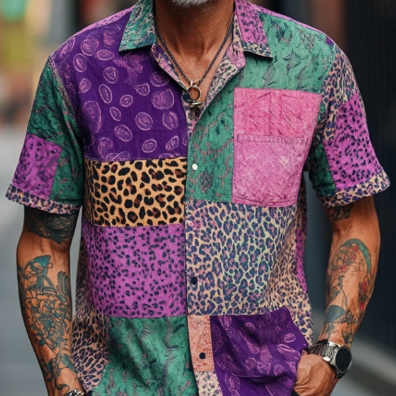 Men's Retro Contrast Graphic Print Lapel Loose Short Sleeve Shirt MTA1586D5M