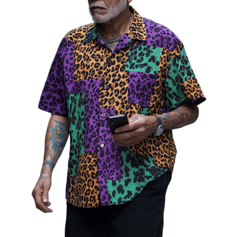 Men's Retro Contrast Leopard Print Lapel Loose Short Sleeve Shirt MTA1584D6M