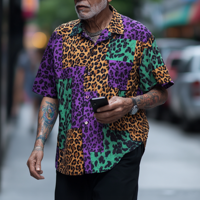 Men's Retro Contrast Leopard Print Lapel Loose Short Sleeve Shirt MTA1584D6M