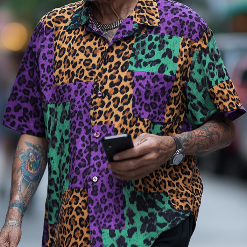 Men's Retro Contrast Leopard Print Lapel Loose Short Sleeve Shirt MTA1584D6M
