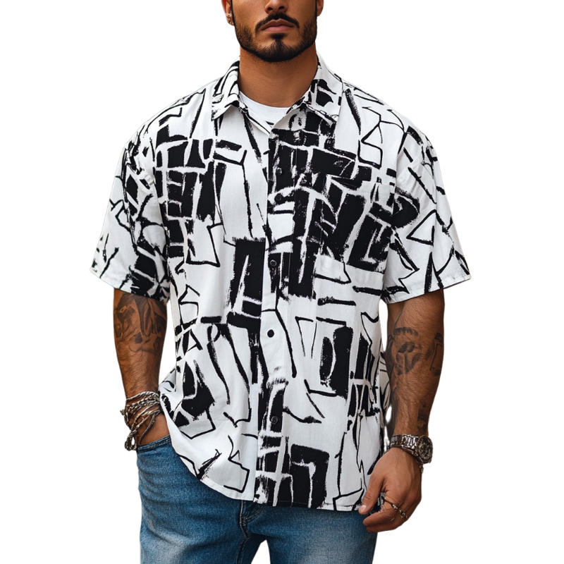 Men's Fashion Geometric Print Lapel Loose Short Sleeve Shirt MTA1549D2M