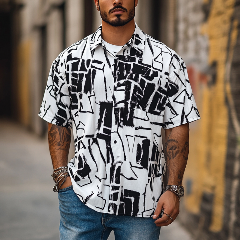 Men's Fashion Geometric Print Lapel Loose Short Sleeve Shirt MTA1549D2M